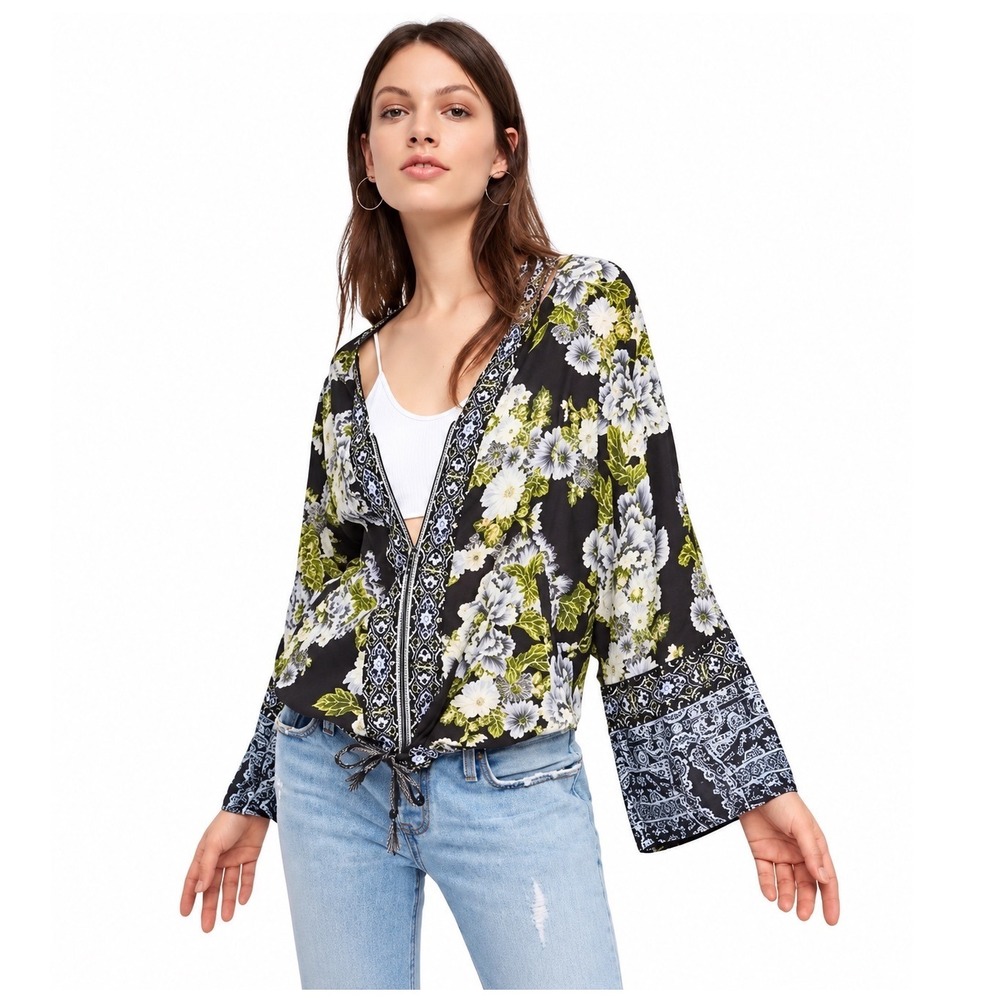 Free People Windflower Kimono Jacket Floral Zip Front Black Blue Size M/L